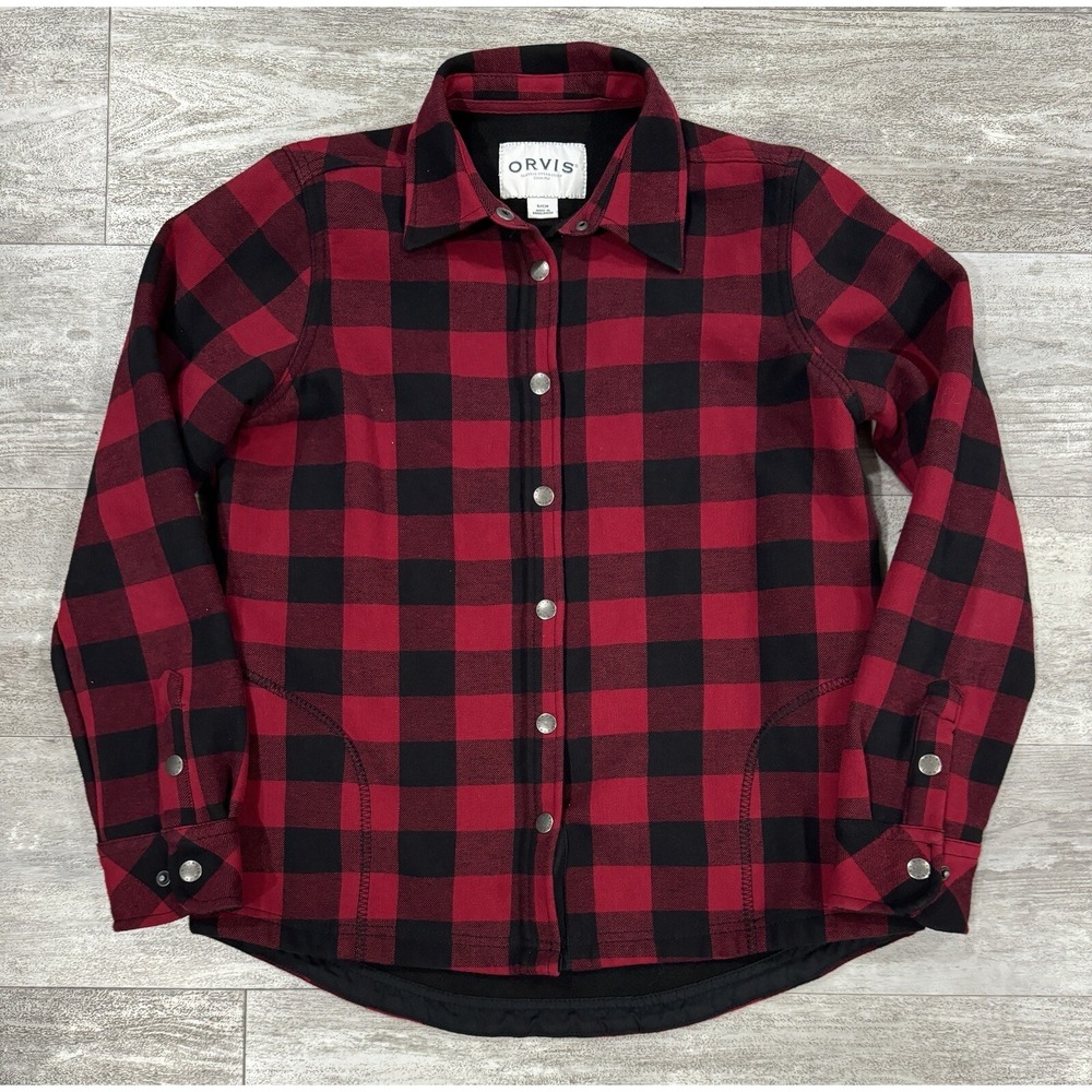 Orvis Flannel Plaid Snap Button Shirt Womens Small Fleece Lined Red Black